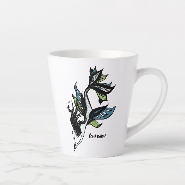 Taza De Café Latte Hermoso nombre de dibujo de tinta de sirena gótica (Derecha)