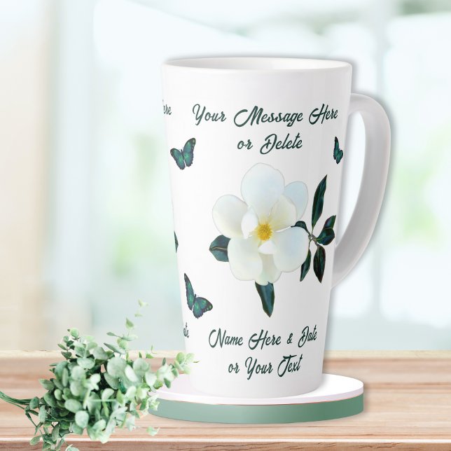 Taza De Café Latte Hermoso Personalizado, Magnolia Mugs, Mariposas (Magnolia Coffee Mug. Gifts for Magnolia Lovers. Personalized Latte Mugs for Her. Magnolia Coffee Mug)