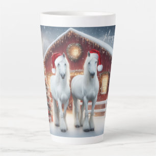 Taza De Café Latte Hermosos caballos blancos con sombreros de santa