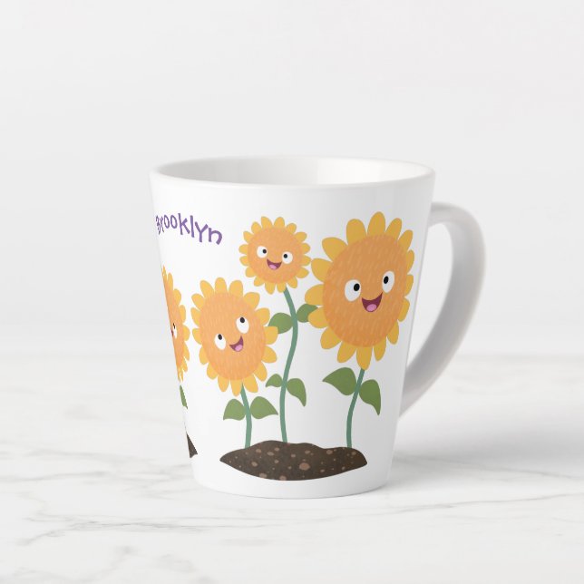 Taza De Café Latte Hermosos girasoles alegres sonrientes ilustracion  (Ángulo derecho)
