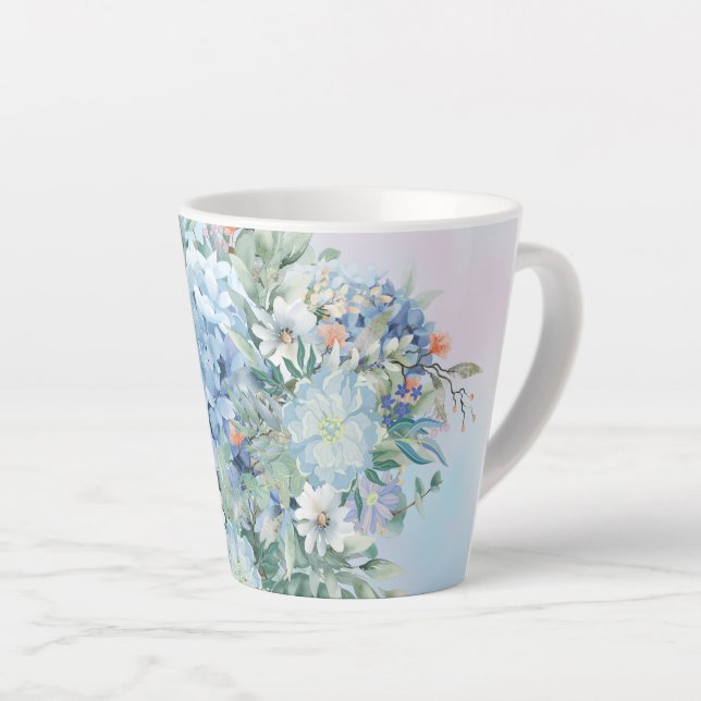 Taza De Café Latte Hidrangea azul y latte floral (Ángulo derecho)