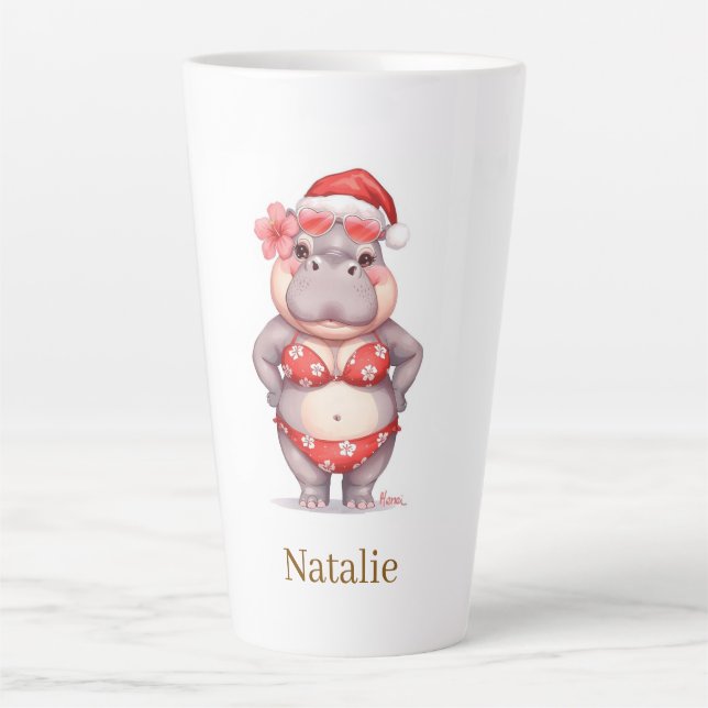 Taza De Café Latte  Hippo Surfer in red Bikini for Christmas (Anverso)