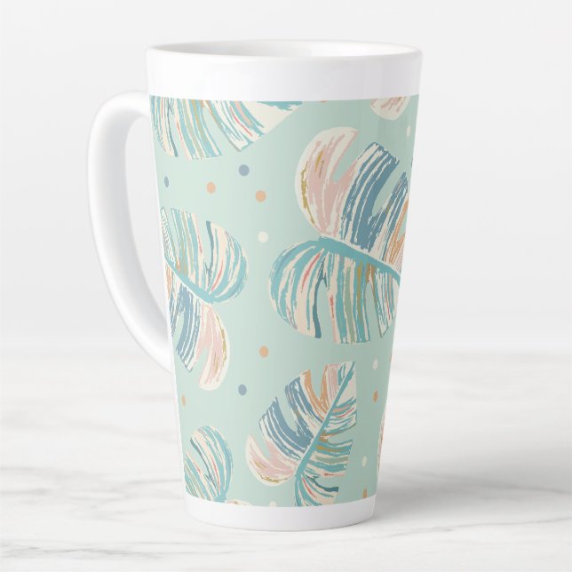 Taza De Café Latte Hoja de Monstera - Turquesa, Verde, Coral, Mostaza (Ángulo izquierdo)