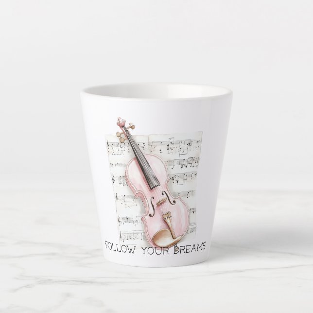 Taza De Café Latte Hoja de música de violín rosa (Anverso)