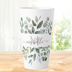 Taza De Café Latte Hojas de eucalipto verde salvia con monograma