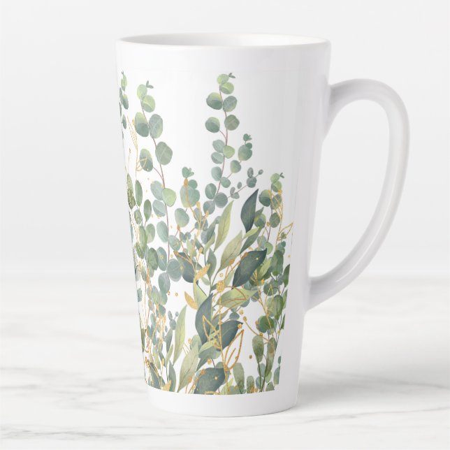 Taza De Café Latte Hojas De Eucaliptus Botánico De Oro Y Verde (Derecha)