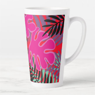 Taza De Café Latte Hojas de palma en latte negro rosa y rojo