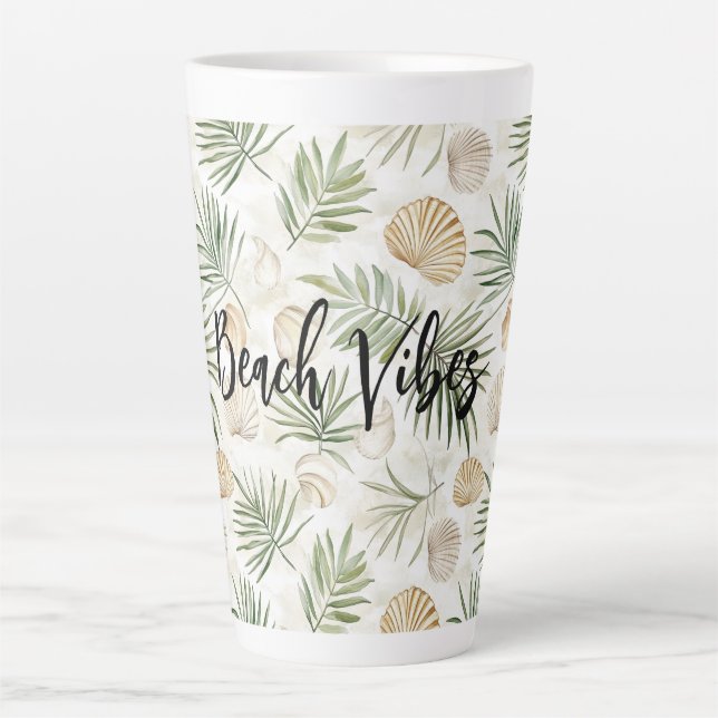 Taza De Café Latte Hojas de palmera verdes de Playa Shells (Anverso)