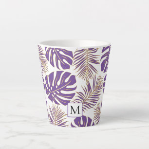 Taza De Café Latte Hojas moradas y doradas y monograma