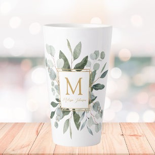 Taza De Café Latte Hojas Verdes Tropicales de Acuarela con Monograma