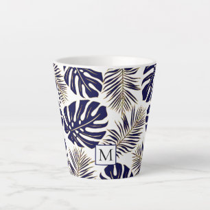 Taza De Café Latte Hojas y monograma azul y oro de la marina