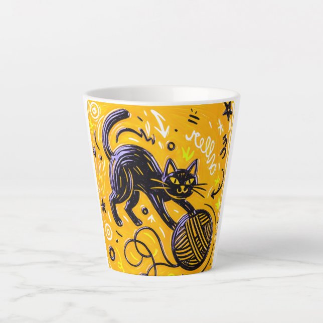 Taza De Café Latte Hola Gato Negro Amarillo (Anverso)