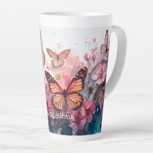 Taza De Café Latte Hola hermosa, con mariposas y flores