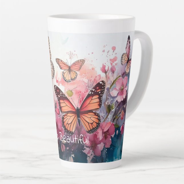 Taza De Café Latte Hola hermosa, con mariposas y flores (Ángulo derecho)