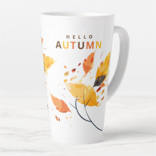 Taza De Café Latte Hola Otoño Caída En El Amor Hojas De Acuarela