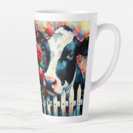 Taza De Café Latte Holstein Cow Picket Fence Red Roses Black Red
