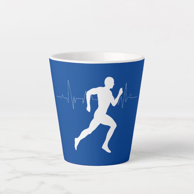 Taza De Café Latte Hombre corriendo una silueta sobre fondo azul (Anverso)