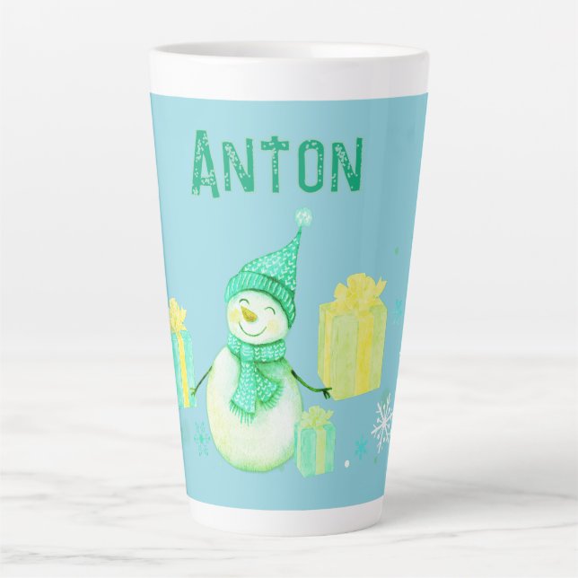 Taza De Café Latte Hombre de nieve personalizado con regalos (Anverso)