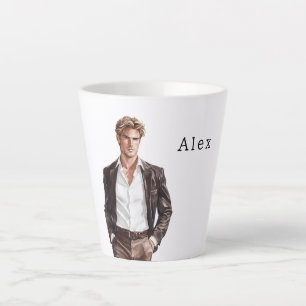 Taza De Café Latte Hombre de pelo rubio chaqueta marrón