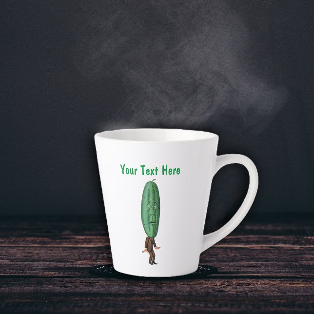 Taza De Café Latte Hombre Gracioso Pardo Sueño Gran Verde Cabeza De P (Funny man brown suit big green pickle head with face on latte mug.)