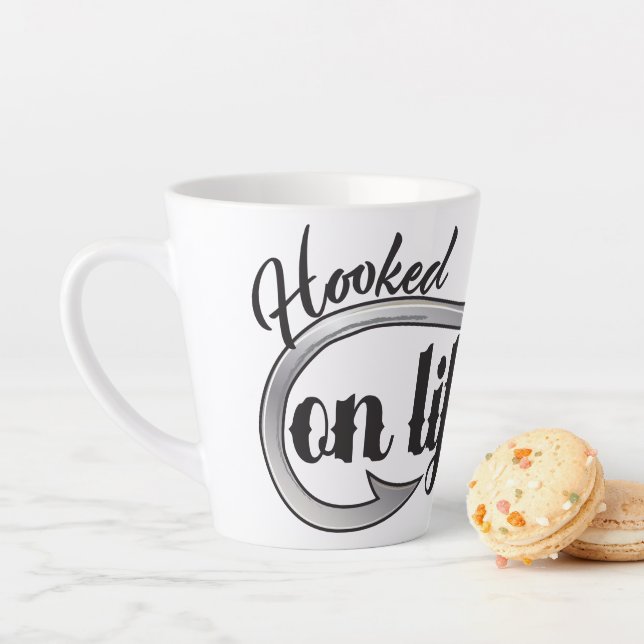 Taza De Café Latte "Hooked On Life" hook illustration, personalize (In situ)