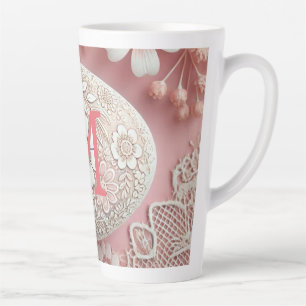 Taza De Café Latte Huevo de Pascua rosa blanco rosa de encaje monogra