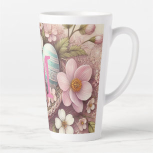 Taza De Café Latte Huevos de Pascua rosados de encaje rosado en monog