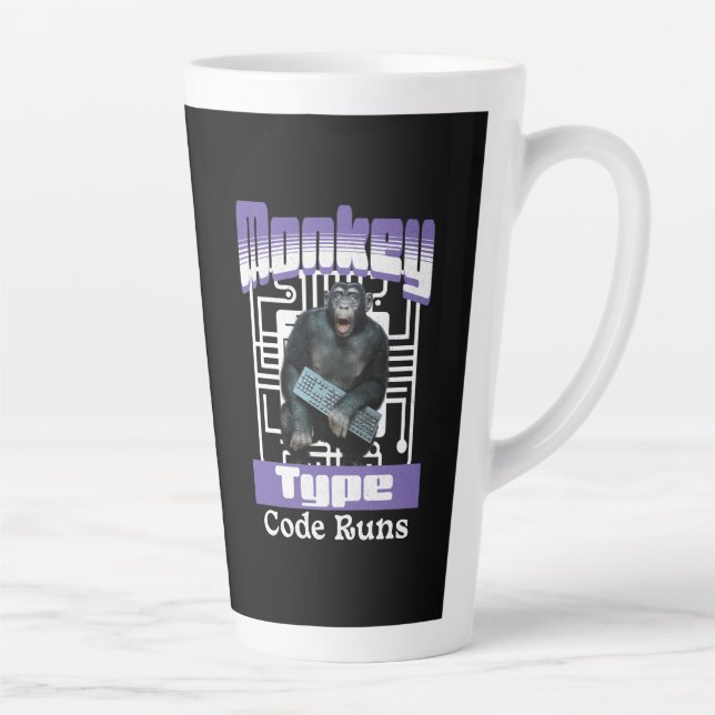 Taza De Café Latte Humor de Programador con Mono Escribiendo Código (Derecha)