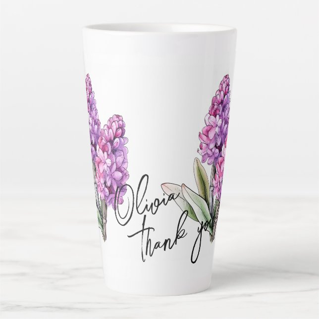 Taza De Café Latte Hyacinth "¡Gracias!" Eslogan y nombre editables (Anverso)