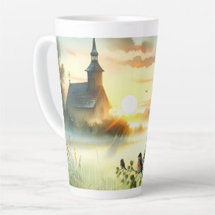 Taza De Café Latte Iglesia al amanecer con pájaros en prado brumoso S