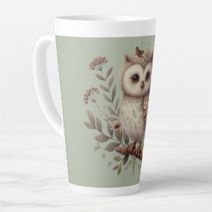 Taza De Café Latte Ilustración botánica de búho caprichoso del bosque