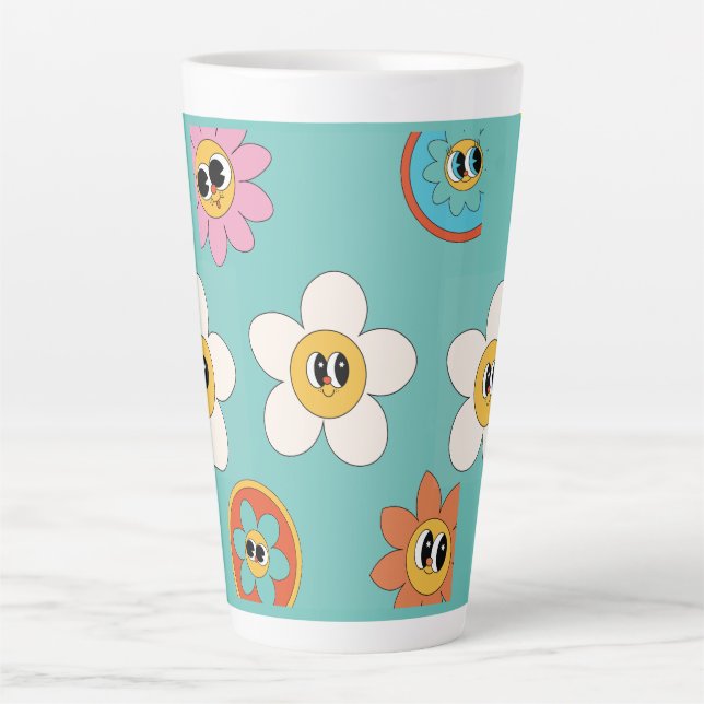 Taza De Café Latte ilustracion crema rosa retro flor lata mug (Anverso)