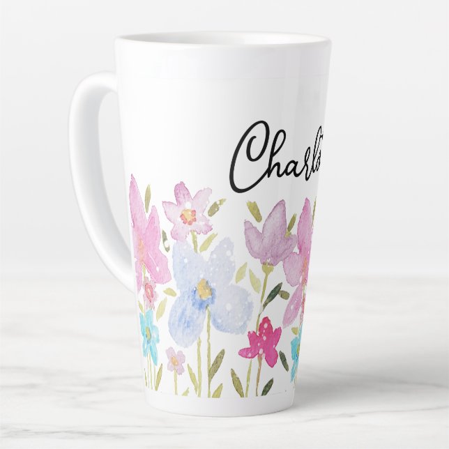 Taza De Café Latte Ilustracion Cute Wildflowers Monogramado (Ángulo izquierdo)