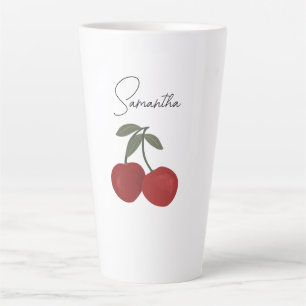 Taza De Café Latte Ilustración de Dos Cerezas Rojas   Arte de Frutas 