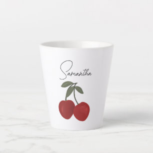 Taza De Café Latte Ilustración de Dos Cerezas Rojas Arte de Frutas