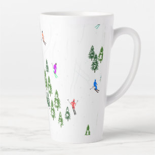 Taza De Café Latte Ilustracion de esquí alpino retro colorido