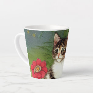 Taza De Café Latte Ilustracion de gato vintage con flores de primaver