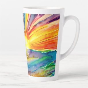 Taza De Café Latte Ilustración de puesta de sol vívida reflejada en e