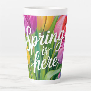 Taza De Café Latte Ilustración de ramo de tulipanes "La primavera ha