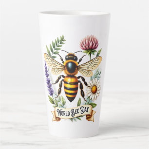 Taza De Café Latte Ilustración del Día Mundial de las Abejas con abej