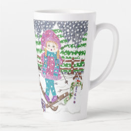 Taza De Café Latte Ilustracion Latte Mug Chica de esquí