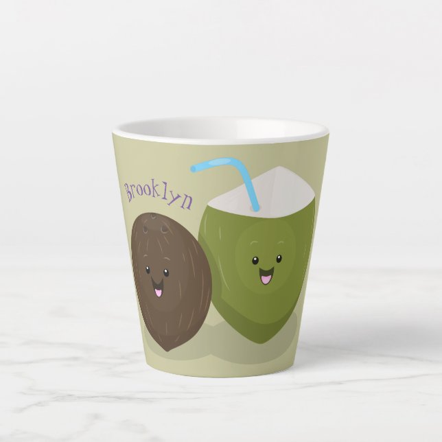 Taza De Café Latte Ilustracion personalizado de cocos kawaii alegres (Anverso)