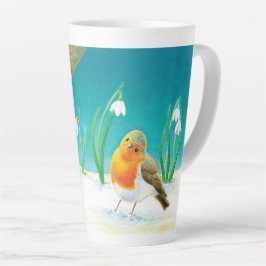 Taza De Café Latte Ilustracion Red Robin Bird & Spring Snowdrop