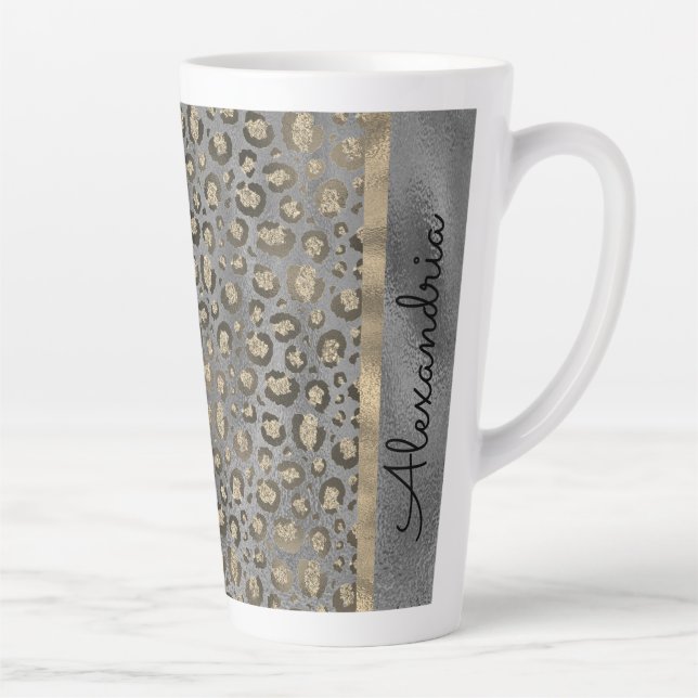 Taza De Café Latte Impresión de leopardo Purpurinoso sobre gris brill (Derecha)