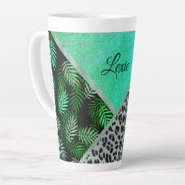 Taza De Café Latte Impresión Purpurinoso Verde azulada de leopardo tr