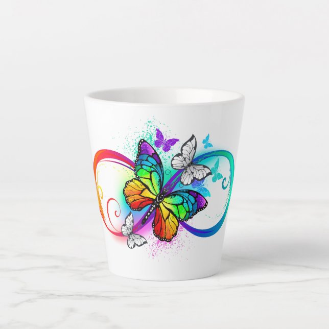 Taza De Café Latte Infinidad brillante con la mariposa arcoiris (Anverso)