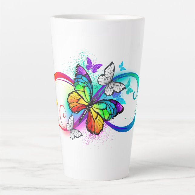 Taza De Café Latte Infinito brillante con mariposa arco iris (Anverso)