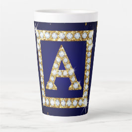 Taza De Café Latte Inicial A con Monograma Dorado y Brillo Azul