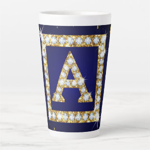 Taza De Café Latte Inicial A con Monograma Dorado y Brillo Azul