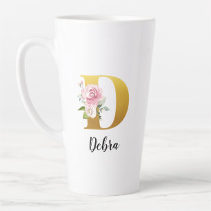 Taza De Café Latte Inicial de Monograma de Nombre con Flores Personal